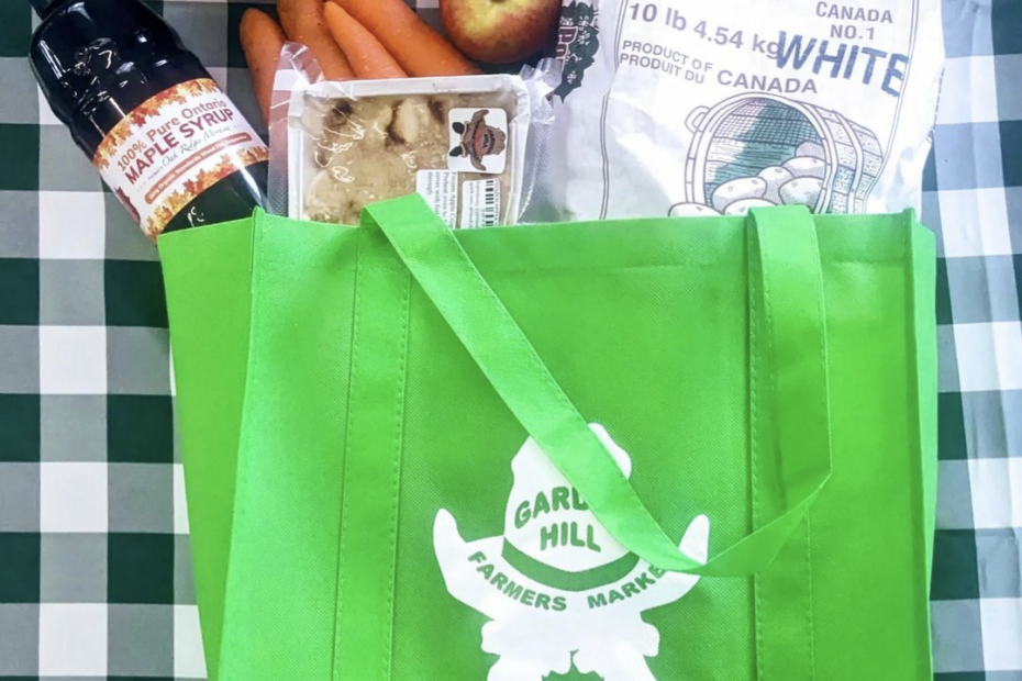 Grocery bag with variety of farmers market items